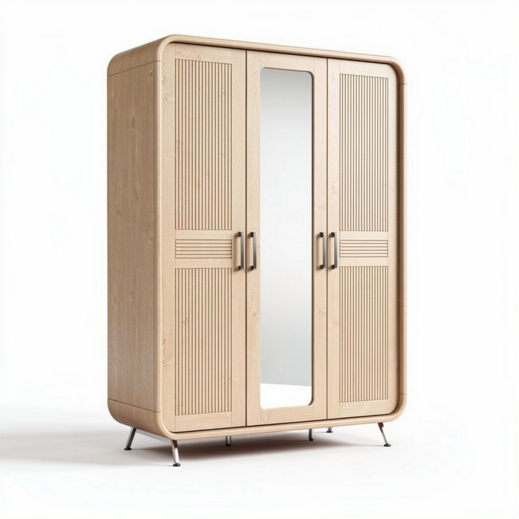 Houten kledingkast met spiegel en ribbelstructuur 150 x 40 x 200cm