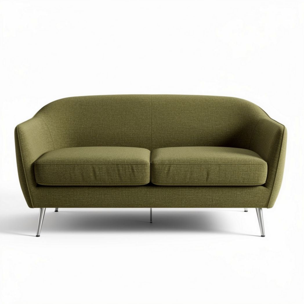 Twee-zitsbank van stof in olijfgroen met metalen poten 150 x 75 x 80cm
