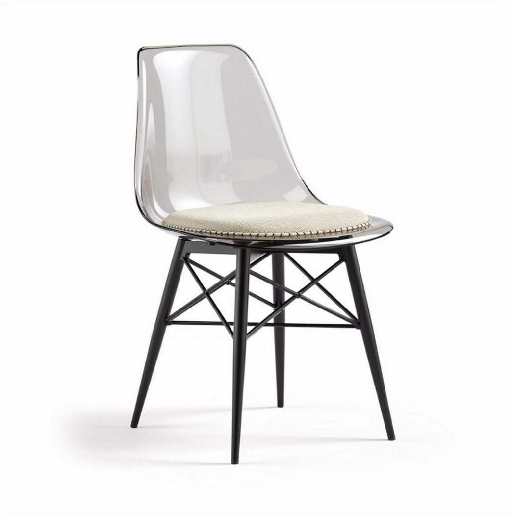 Transparante kunststof stoel met kussen en metalen onderstel 45 x 45 x 85cm