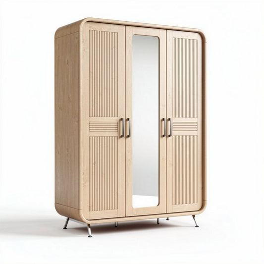 Houten kledingkast met spiegel en ribbelstructuur 150 x 40 x 200cm