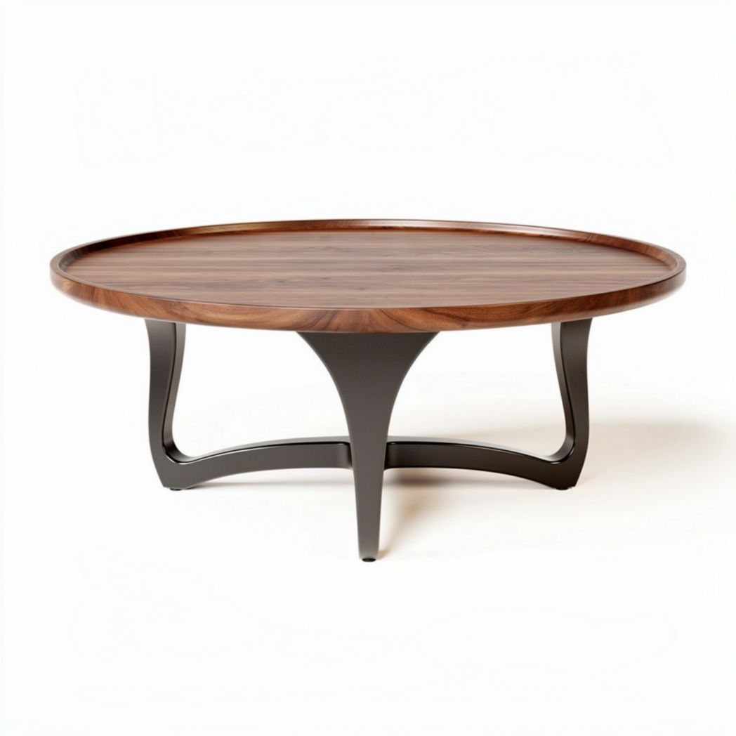 Salontafel van walnut hout met metalen onderstel ronde vorm 100 x 100 x 40cm